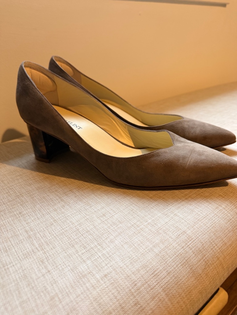 Sarah Flint Taupe Suede Pointed Toe Mid Block Heel Pumps